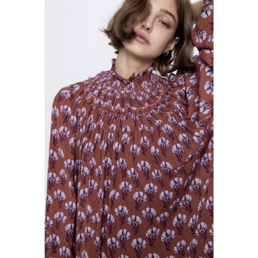 ZARA Floral Smocked Mock Neck Blouse Size S